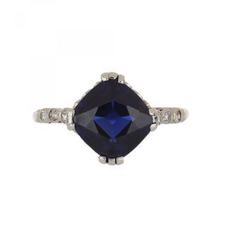 Edwardian Platinum Cushion-Cut No Heat Sapphire Filigree Ring with Diamonds