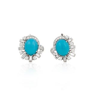 Retro Platinum Turquoise Clip Earrings with Diamonds