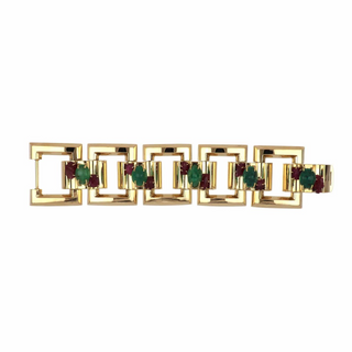 Retro 14K Gold Emerald Link Bracelet with Rubies