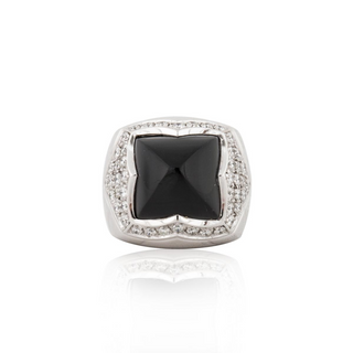 Vintage Bulgari 18K White Gold Onyx Pyramid Ring with Diamonds