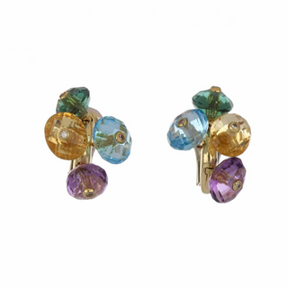 Estate 18K Gold Multi Gemstone Huggie Earrings with Diamonds