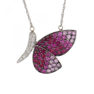 Estate Ambrosi 18K White Gold Pink Sapphire and Diamond Butterfly Necklace