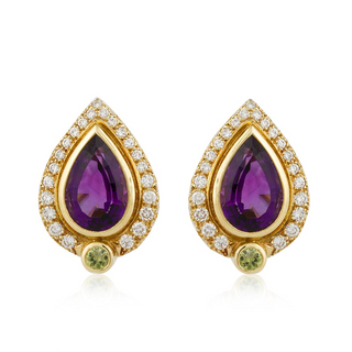 Estate Cartier 18K Pear Shape Amethyst, Peridot & Diamond Earrings