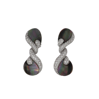 Estate Ambrosi 18K White Gold Black Mother Of Pearl and Diamond Twisted Earrings