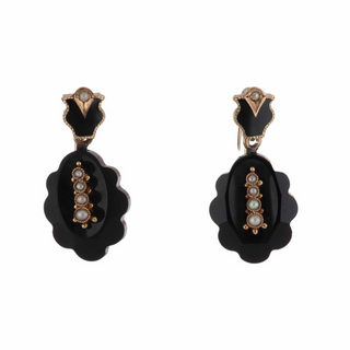 Victorian 14K Rose Gold Onyx Drop Earrings with Pearls