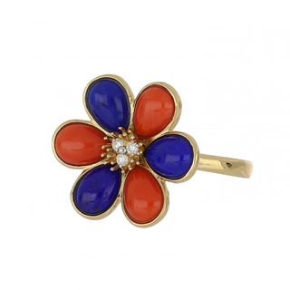 Tenenbaum 18K Lapis & Coral Flower Petal Ring with Diamonds