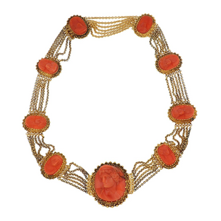 Victorian 18K Gold Etruscan Revoval Coral Cameo Collar Necklace