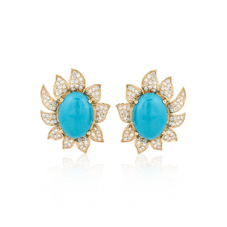 Estate 18K Gold Turquoise and Diamond Sunflower Earrings