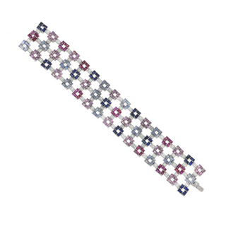 Estate Cantamessa 18K White Gold Pink & Blue Sapphire Lace Grid Bracelet with Diamonds