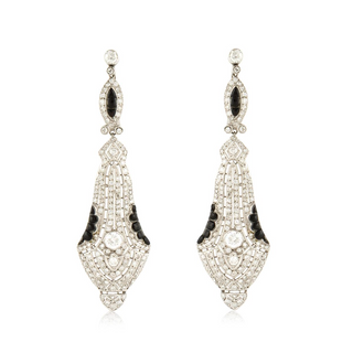 Art Deco Platinum Pierced Diamond Drop Earrings with Onyx