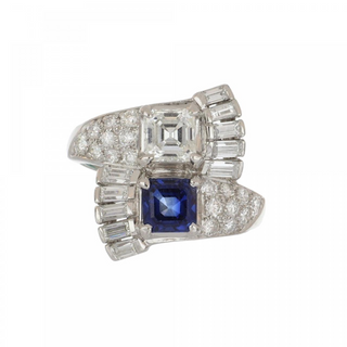 Art Deco Platinum Sapphire Bypass Ring with Diamonds