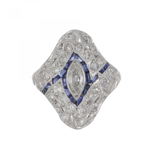 Art Deco Platinum Diamond & Sapphire Navette Ring