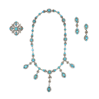 Late Victorian 18K Gold & Silver Turquoise & Diamond Jewelry Suite
