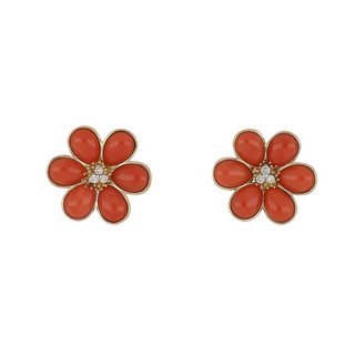 18K Carved Coral Flower Petal Stud Earrings with Diamonds