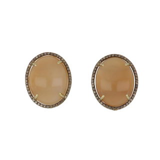 Estate 18K Gold Peach Moonstone Button Earrings with Diamond Frame