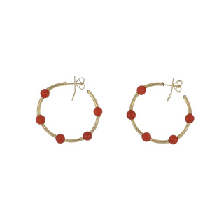 18K Gold Coral Bead Hoop Earrings