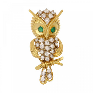 Mid-Century 18K Gold Diamond Owl Pin with Emeralds