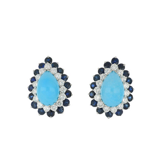 18K White Gold Turquoise Clip Earrings with Sapphires
