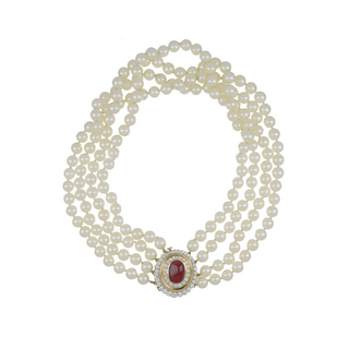 Vintage David Webb Two-Tone Akoya Pearl Choker with Ruby & Diamond Clasp