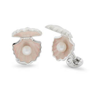 Deakin & Francis Sterling Silver Clam with Pearl Mechanical Cufflinks