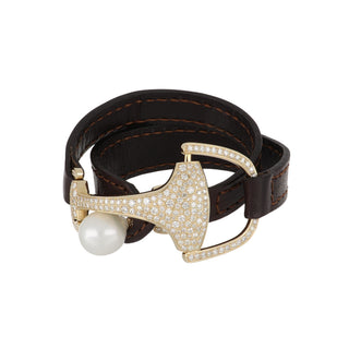 Vincent Peach 18K Gold Pave Diamond Snaffle Bit Leather Wrap Bracelet