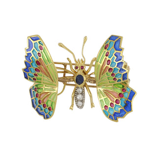 Vintage 1980s 18K Gold Gem Set Enamel En Tremblant Butterfly Brooch with Diamonds