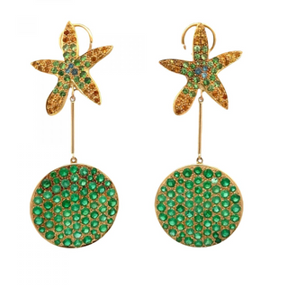 Estate Llop de Villalonga 18K Gold Multigem Flower Day/Night Drop Earrings with Emerald Disk Drops