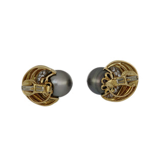 Vintage 1990s David Webb 18K Gold Tahitian Pearl Earrings with Diamonds