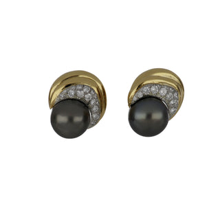 Vintage 1990s David Webb 18K Gold Tahitian Pearl Earrings with Diamonds