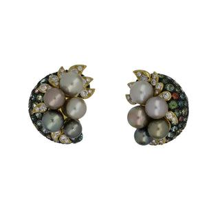 Estate Marilyn Cooperman 18K Gold Multicolored Gemstone and Pearl Cluster Earrings
