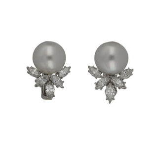 Estate Peter Atman Platinum South Sea Pearl Earrings with Marquise Diamonds