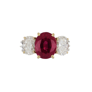 Vintage 1990s Two-Tone Oval Ruby & Diamond 3 Stone Ring