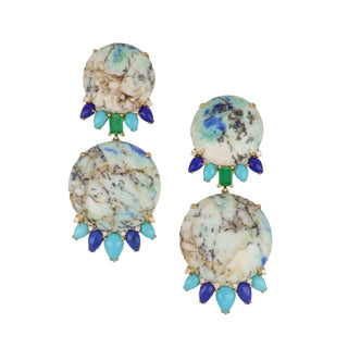18K Gold Agate Drop Earrings with Turquoise, Lapis and Diamonds