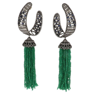 Maharaja Sterling Silver Emerald, Diamond and Sapphire Tassel Earrings