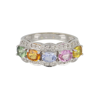 Vintage/Estate 18K White Gold Sapphires 5 Stone Ring with Diamonds