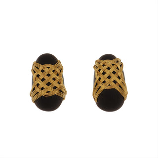 Estate Lotus Arts de Vivre 18K Gold Wirework Ebony Wood Earrings