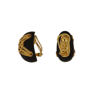 Estate Lotus Arts de Vivre 18K Gold Wirework Ebony Wood Earrings