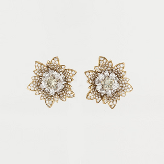 Estate Signed: PCC 18K Gold and Platinum Diamond Flower Clip Earrings