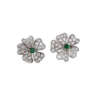 Mid Century Platinum and 18K Emerald Button Clover Earrings with Diamonds