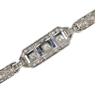 Art Deco Platinum Diamond Line Bracelet with Calibre-Cut Sapphires