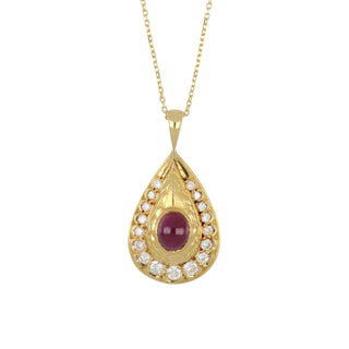 Vintage 18K Cabochon Ruby & Diamond Teardrop Pendant Necklace
