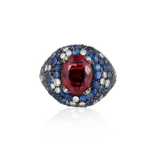 Estate 18K Gold and Silver Sapphire Ring with Rubellite Tourmaline and Diamonds