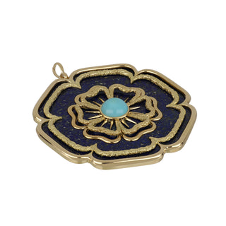 Vintage French 1970s 18K Gold Lapis Flower Pendant with Turquoise