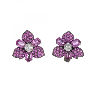 Blackened 18K White Gold Diamond and Pink Sapphire Flower Earrings