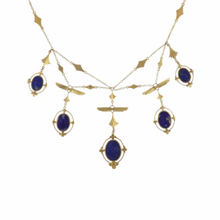 Art Deco Brostein Egyptian Revival 14K Gold Lapis Scarab Swag Necklace