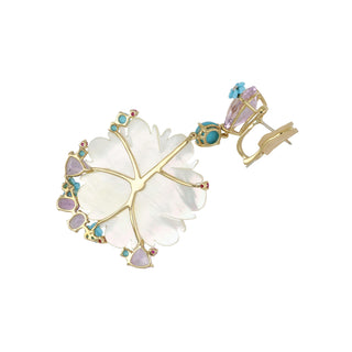 Estate 18K Gemset Carved Mother Of Pearl Flower Earrings