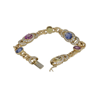 Vintage 1980s 18K Gold Multicolor Sapphire Link Bracelet with Diamonds