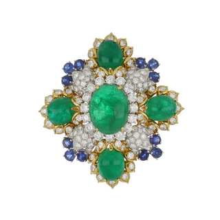 Vintage/Estate Two-Tone Gold & Platinum Emeralds Brooch with Sapphire
