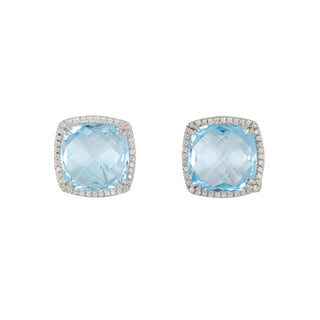 Mazza 14K White Gold Cushion Cut Blue Topaz Earrings with Diamonds