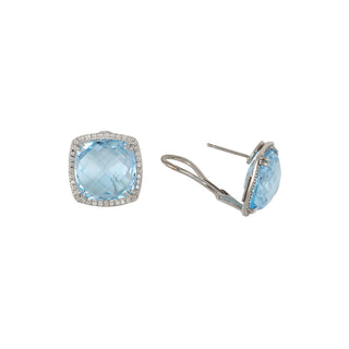 Mazza 14K White Gold Cushion Cut Blue Topaz Earrings with Diamonds
